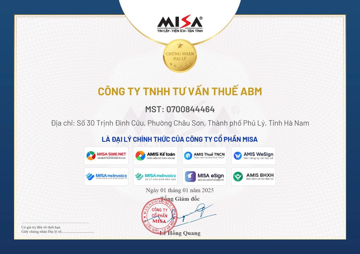 Giấy chứng nhận đại lý chính thức MISA của Công ty TNHH Tư vấn thuế ABM